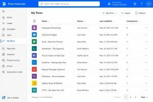Admin portal view showing Power Automate flow inventory during a Microsoft 365 tenant migration discovery phase