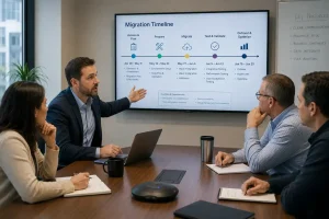 Consultant and stakeholders in a Microsoft 365 migration scoping meeting discussing Power Automate and Power Apps