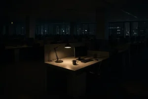Empty office desk representing orphaned Power Automate flows left running after an employee departure